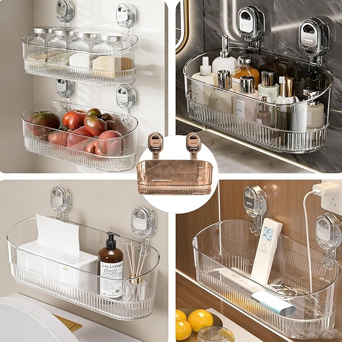 2026 No-Drill Bathroom Suction Storage Box-Large Capacity & Strong Load-Bearing, No Drill Bathroom Shelves, Suction Storage Rack, Removable Hanging Storage Basket, Ripple Acrylic Wall Shelf (2PC-C)