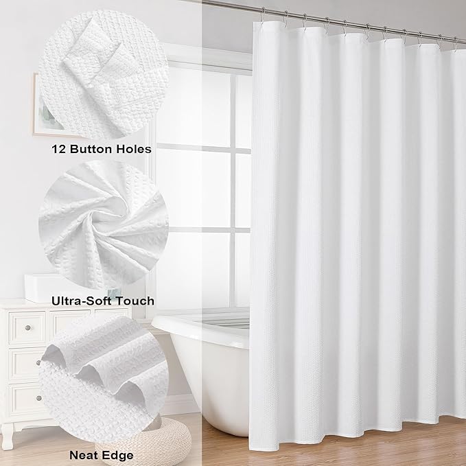 OVZME Long Fabric Shower Curtain, 72x80 inch Long Embossed Textured Shower Curtains for Bathroom - Soft Cloth & Hotel Spa Luxury, Water Repellent, Machine Washable Bath Curtain, White