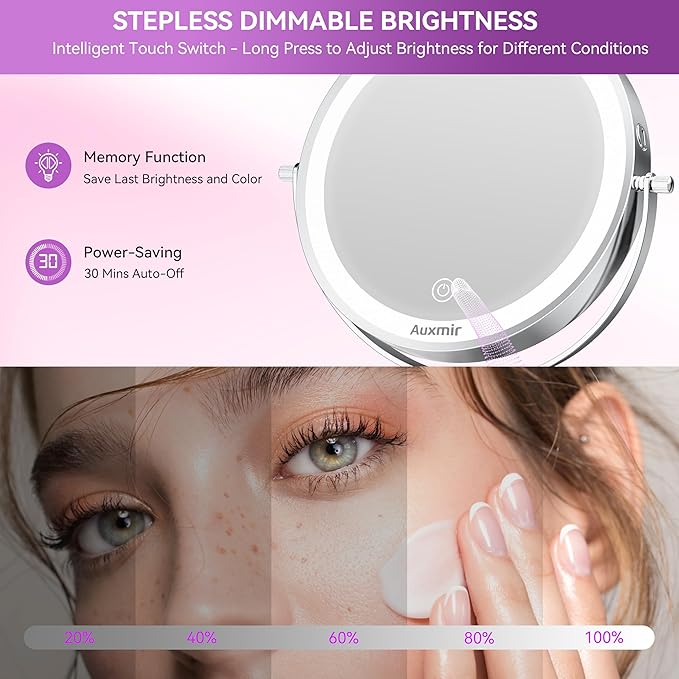 Auxmir 9" Large Lighted Makeup Mirror with Magnification, 1X/30X Double Sided Magnifying Mirror with Adjustable Height, Rechargeable Vanity Mirror with 3 Color Dimmable Lights, 360° Rotation