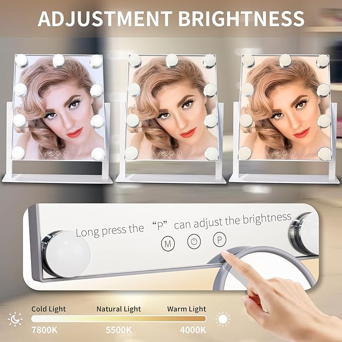 Makeup Vanity Mirror with Lights LED Makeup Mirror Detachable 10X Magnification, Hollywood Make Up Mirror with Lighting, Smart Touch, Rechargeable,360° Rotation, White 13.77"x 11.81"