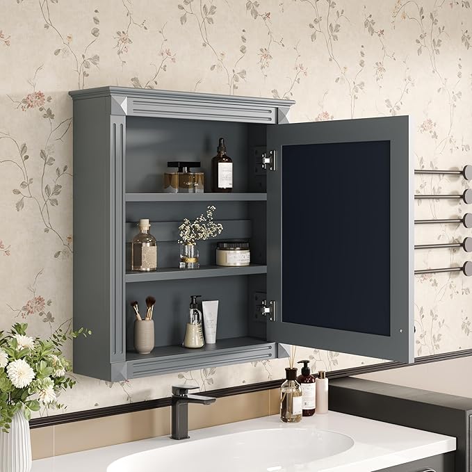 Merax Bathroom Medicine Cabinet with Mirror Door & Adjustable Shelves, 24" x 28" Wall Mounted Storage Cabinet with Mirror, Over The Toilet Wall Cabinet