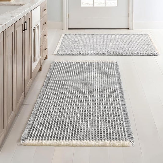 MIULEE Set of 2 Waffle Bathroom Rugs, Boho Bath Rugs Non Slip Washable, Super Absorbent Bath Mats, Ultra Soft Rubber Backed Shower Mats for Bathroom Floor, Tub, LightGrey & Cream, 18x30 Inch