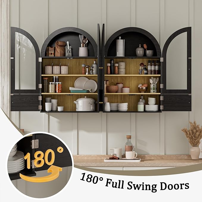 BREEZEHEAT Arched Medicine Cabinet with Extra Storage, Glass Doors & Adjustable Shelf -Wall Mounted Over Toilet Cabinet for Bathroom, Kitchen, Laundry Room, Black Wood Grain, 23.6x33.5 Inch