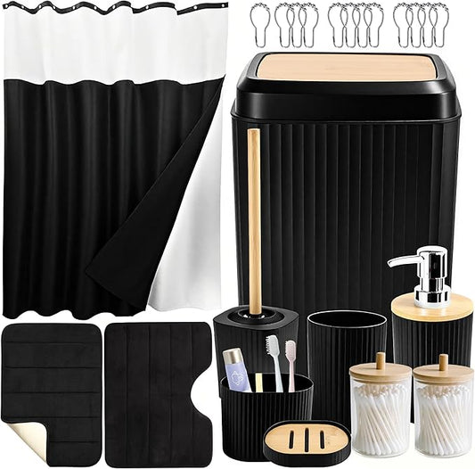 23 Pcs Bathroom Set with Shower Curtain and Rugs Black Bathroom Accessory Set, Shower Curtain with Liner, Memory Foam Bathroom Rugs, Toilet Brush, Trash Can, Soap Dispenser, Countertop Set