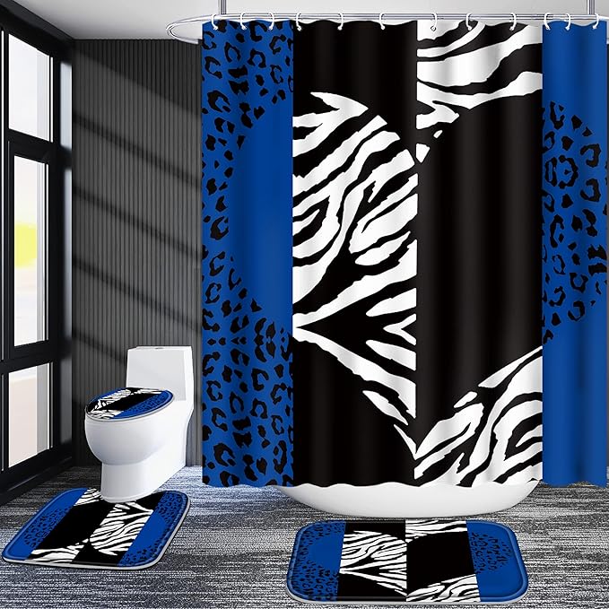 Poedist 4 Pcs Bathroom Shower Curtain Set,Blue Leopard Print Shower Curtain Bright Style Shower Curtain Sets with Rugs(Bath Mat,U Shape and Toilet Lid Cover Mat) and 12 Hooks