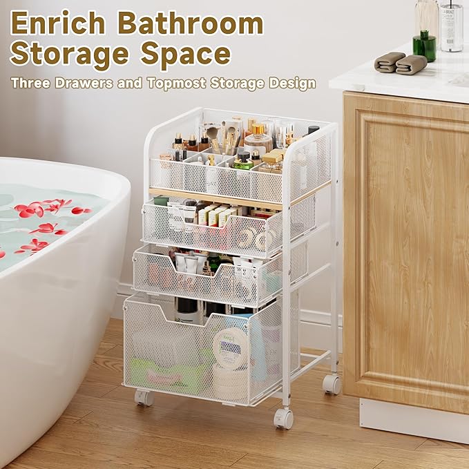 Makeup Cart Organizer with 3 Drawers, Under Desk Storage Drawers,Floor Skincare & Makeup Organizer, Vanity Storage for Cosmetics, Nail Polish, Perfume, Makeup Brushes, Hair Tools, White