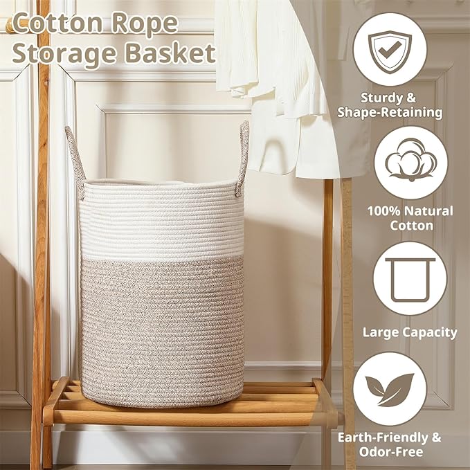 40L Woven Laundry Basket Hamper, 100% Natural Cotton Rope, Handwoven & Durable, Storage for Blankets, Toys, Clothes, Decorative Nursery Hamper for Living Room, Baby Room, Bedroom (Brown and White)