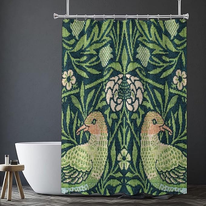 Boho Bird Shower Curtain William Morris Art Print Retro Bird Plant Natural Flower Pattern Print Shower Curtains 66""×72"" Inch, Style-6