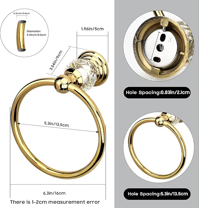 Crystal Gold Towel Ring, Gold Bathroom Towel Holder Ring, Golden Towel Rack Hanger Home Hand Towel Ring Towel Holder for Bathroom Wall Mounted Bathroom Accessory