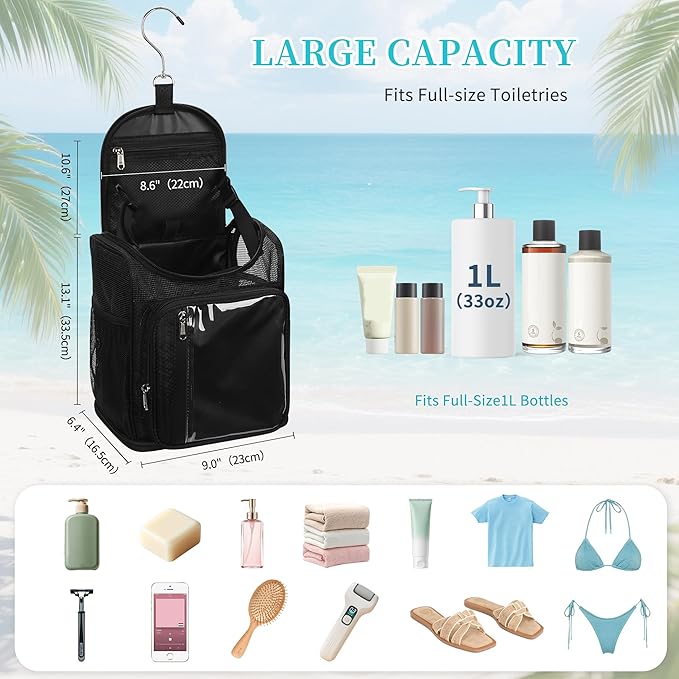 Hanging Shower Caddy Portable - Travel Toiletry Bag for Men & Women, Large Capacity Caddy Dorm Basket, Quick Dry Toiletry Tote Bag with Stain Resistant Bottom for Bathroom, Beach, Camp, Gym