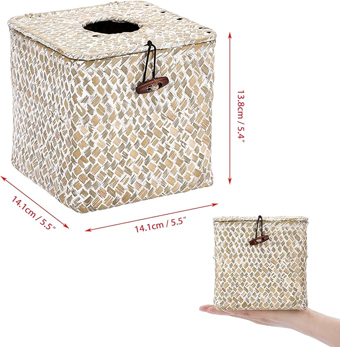Sumnacon Tissue Box Cover Square Seagrass Tissue Box with Lid, Woven Tissue Box Holder Rustic Cube Tissue Cover for Bathroom Toilet Bedroom Living Room Kitchen Table Desk Office Car, Whitewash