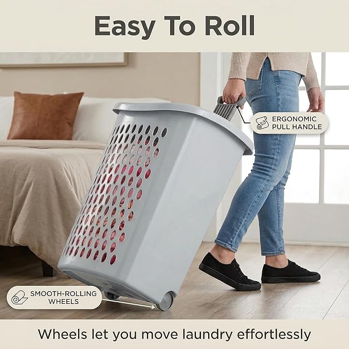 2 Bushel Rolling Laundry Hamper with Lid & Wheels - Light Gray Plastic Laundry Basket, Ventilation Design, Easy Move for Bedroom Bathroom Laundry Room (1 Pack）