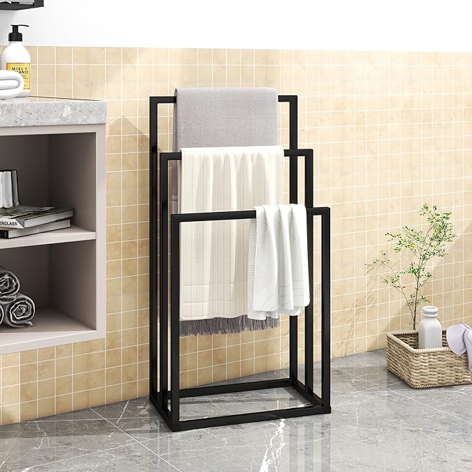 Metal Towel Racks 3 Bars for Bathroom Freestanding Drying Shelf 3 Tier Storage Organizer Washcloths Holder (Black)