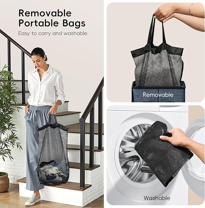 100L Laundry Hamper with Lid, Large Clothes Hampers with Removable Bag, Collapsible Laundry Basket for Bathroom, Bedroom, Laundry Room, Dorm, Navy Blue