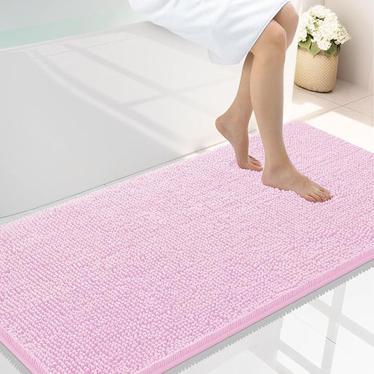 Smiry Luxury Chenille Bathroom Rugs 47x24, Extra Soft and Absorbent Shaggy Bath Mat, Machine Washable, Non-Slip Plush Carpet Runner for Tub, Shower, and Floor, Home Decor Accessories, Pink