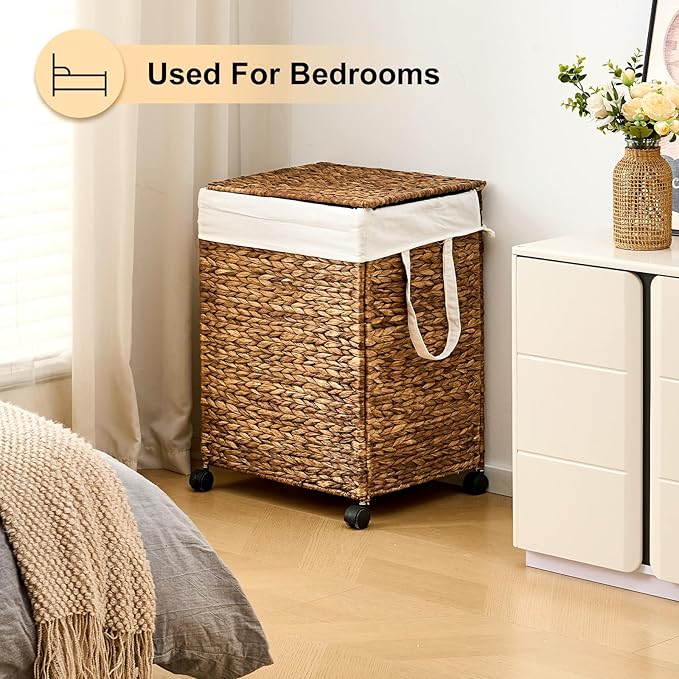 Rolling Laundry Hamper with Lid, Natural Water Hyacinth Basket with Removable Liner, Wheel or Non-Slip Installation Laundry Basket for Home Use (Espresso, 100L)