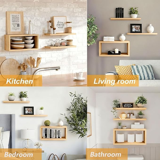 Wall Mounted Floating Shelf, c Long for Bedroom Living Room Kitchen Staircase Bathroom Above Toilet Wall Decoration Book Storage Room Recoration (3piece Set) Natural Wood Color