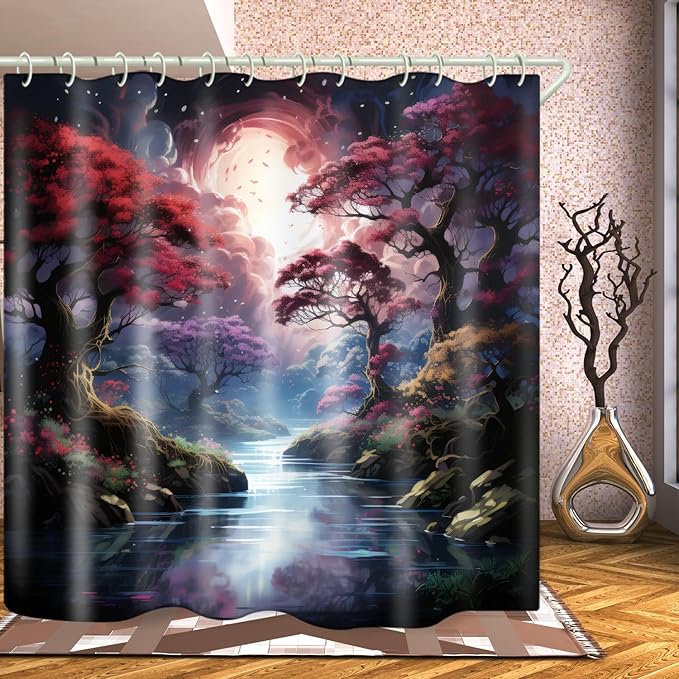 Shower Curtains, with Forest and River Themed Bright Colors, Brings A Unique Artistic Atmosphere to The Bathroom. The 59x72 Inch Fabric Shower Curtain Comes with 12 Hooks.