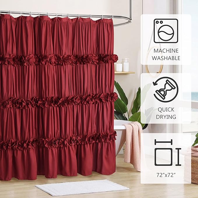Burgundy Ruffle Shower Curtain, Vintage Handcrafted Bow Tie Bath Curtain for Master Bathroom, Ruched Microfiber Bathroom Curtain with 12 Buttonholes, 72" W x 72" H (LQ-10)