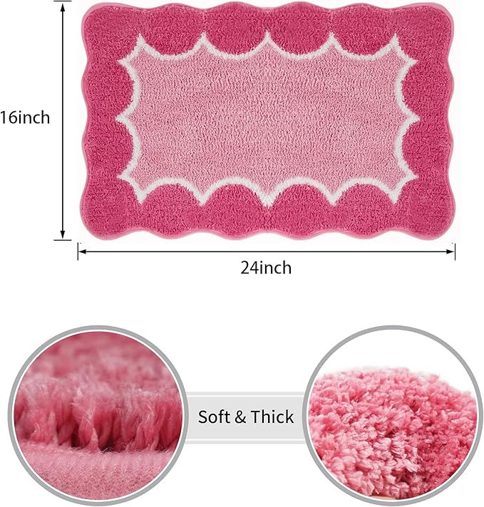 Cute Scalloped Rose Pink Small Bathroom Rugs Mat,Non Slip Absorbent Quick Dry Bath Mats for Shower Room,Microfiber Bath Rug for Floor Washable Carpet for Shower Tub Sink Bedroom,16"x24"