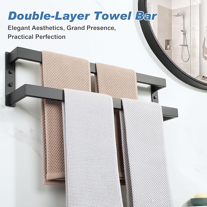 Alise Double Towel Bar, 24" Towel Racks for Bathroom Wall Mounted SUS304 Stainless Steel, Heavy Duty Bathroom Towel Holder, Quick Drying Towel Hanger, Matte Black