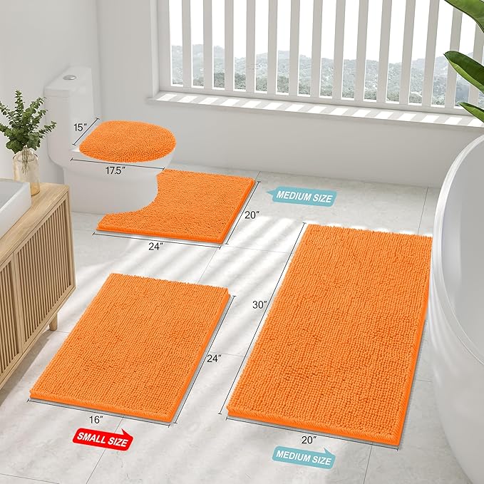 Smiry Luxury Chenille Bathroom Rugs 24x16, Extra Soft and Absorbent Shaggy Bath Mat, Machine Washable, Non-Slip Plush Carpet Runner for Tub, Shower, and Floor, Home Decor Accessories, Orange