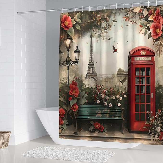 Chrainy 4Pcs Paris Eiffel Tower Shower Curtain Sets Telephone Booth Red Flowers Bathroom Set Decor with Non-Slip Rugs Bath U-Shaped Mat Toilet Lid Cover Floral Curtains Shower Set with 12 Hooks