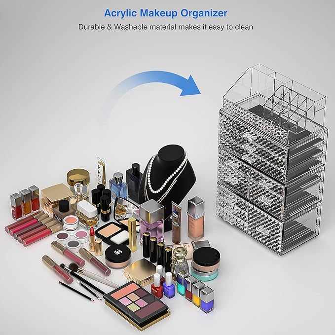 Awenia 4 Pack Stackable Makeup Organizer[Upgraded],Acrylic Cosmetics Storage Large Capacity with 11 Drawers For Brush Holder,Perfume or Jewelry Display,Plus Size| Ship from USA(Clear)