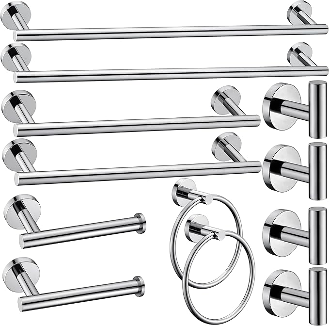 12 Pieces Polished Chrome Bathroom Hardware Accessories Set Hand Towel Ring 16&23.6 inch Round Towel Bar Toilet Paper Holder Towel Hooks 4 Pieces SUS 304 Stainless Steel,Heavy Duty,Wall Mounted