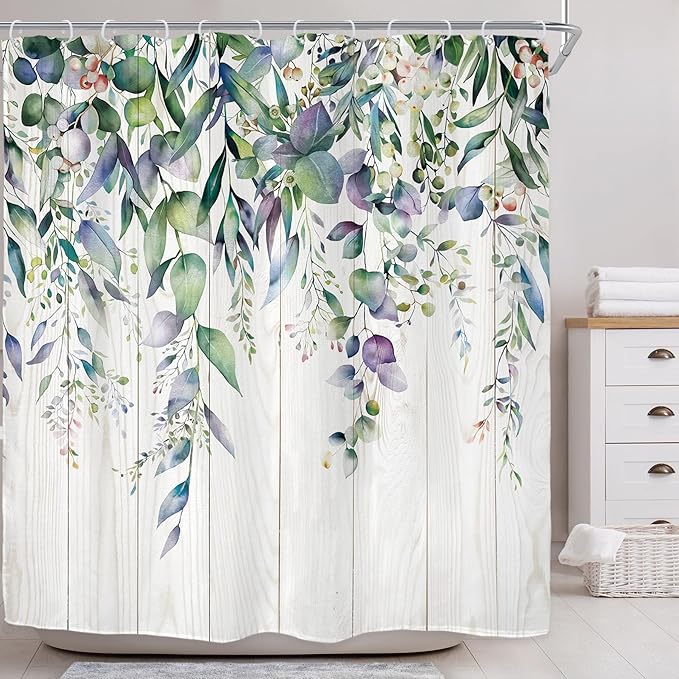 Riyidecor Teal Shower Curtain for Bathroom Decor 72Wx72H Eucalyptus Leaves Plants Watercolor Floral Wooden Board Rustic Botanical Farm Art Printed Fabric Polyester Waterproof 12 Pack Plastic Hooks