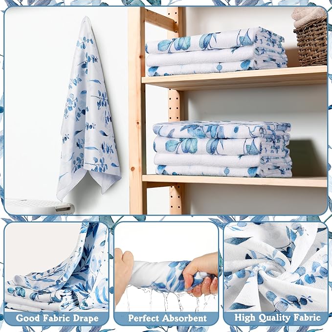 Tatuo 8 Pcs Blue Eucalyptus Shower Curtain Set Blue Eucalyptus Theme Bathroom Accessories Sets Decor Nautical Coastal Waterproof Shower Curtain with Towels Carpet Bath Mat Toilet Rugs and 12 Hooks