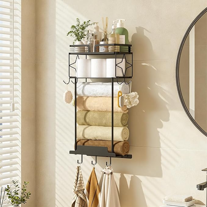 Towel Racks for Bathroom 23.8 Inch Wall Mounted Towel Rack with Shelf, Small Bathroom Towel Storage Holds 3–6 Large Rolled Towels, Metal Wall Towel Rack, Black