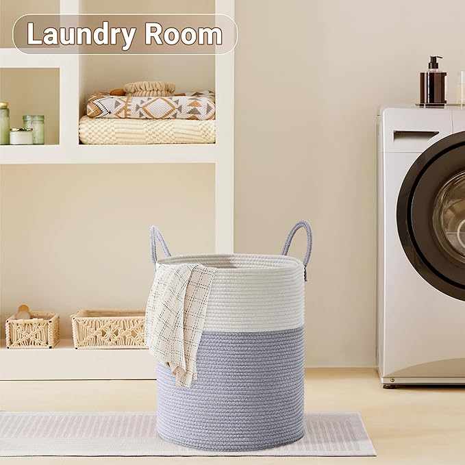 Tall Laundry Basket with Handles, 100L Portable Dirty Clothes Hamper, Boho Cotton Rope Storage Bin for Blankets Kids Toys Gifts, Extra Large Organizer for Baby Nursery Bedroom Bathroom, Grey
