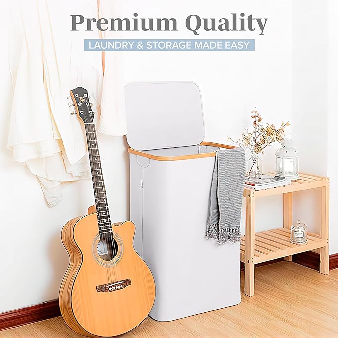 LONBET Laundry Basket with Lid, Made from Breathable Fabric | Aesthetic Clothes Hampers for Laundry with Side Handles & Sturdy Bamboo Frame (26 Gallons - Single, Light Gray)