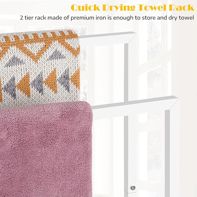 Freestanding Towel Rack for Bathroom 2 Tier Small Metal Hand Towel Holder Stand Towel Bar Towel Drying Rack Floor for Bedroom Laundry Room, White
