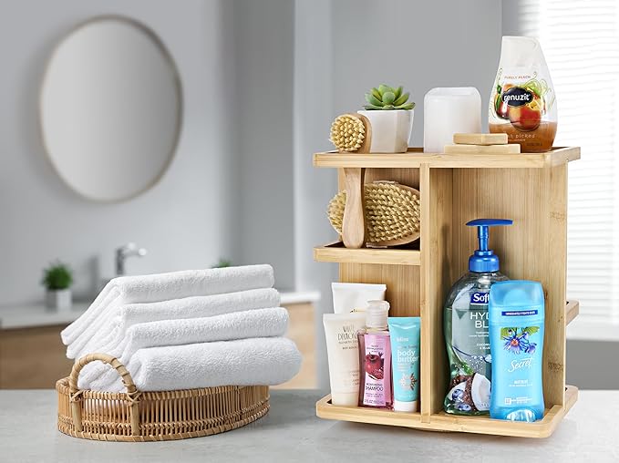 Sorbus 360° Makeup Organizer - Bamboo Wood Make Up Storage Carousel for Cosmetics, Skin Care Rotating Makeup Organizer for Vanity, Bathroom Storage