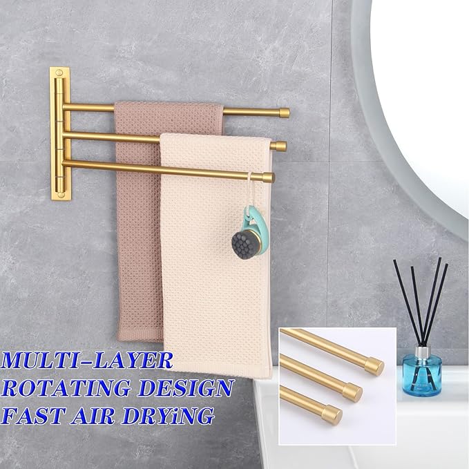 GERZWY SUS 304 Stainless Steel Bathroom Hand Towel Rack 3-Bar Folding Arm Swivel Hanger Bath Towel Holder Swing Out Towel Bar Wall Mount Gold Finished HYG03-BE