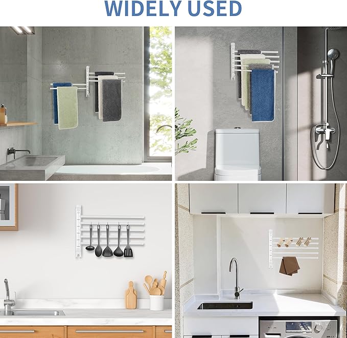 Swivel Towel Rack, 12.6 Inch Towel Bar with Wall Mounted 180° Rotation, 5 Arms Towel Hanger SUS 304 Stainless Steel, Space Saving for Kitchen, Bathroom, Outdoor, White