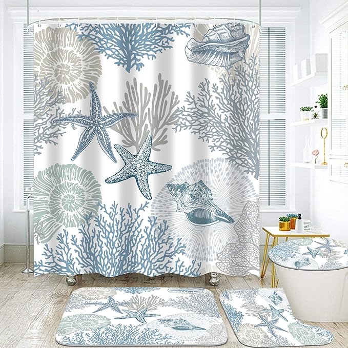 Nkzply 4 Pcs Beach Shower Curtain Set Blue Starfish Bathroom Sets with Shower Curtain and Rugs Ocean Seashell Coral Bathroom Decor Accessories Nautical Bathroom Rug Set Toilet Lid Cover 12 Hooks