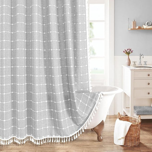 MitoVilla Grey Boho Extra Long Shower Curtain 72 x 84, Light Grey Modern Farmhouse 84 inch XL Polyester Linen Texture Tassel Fabric Shower Curtain Set with Hooks for Cottagecore Country Bathroom Decor