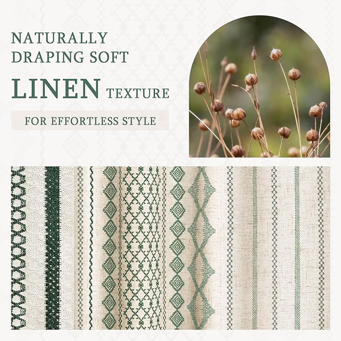 Dark Green Boho Shower Curtain for Bathroom, Linen Striped Print and Twine-Inspired Woven Center,72" W x 72" L
