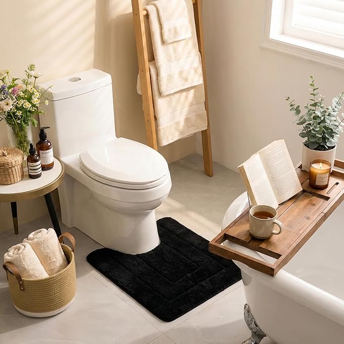 GRANNY SAYS Bathroom Toilet Rugs U Shaped, Bath Mats for Bath, Bathroom Rugs Non Slip Washable, Absorbent Microfiber Toilet Mat, Soft Plush Shaggy Bath Carpet, 20" x 24", Black