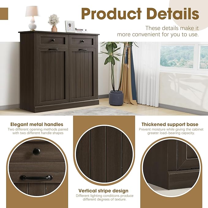 Grepatio Tilt Out Laundry Hamper Cabinet, 22 Gallon Double Laundry Hamper Cabinets, Wooden Trash Can Cabinet with 2 Drawers, Hidden Garbage Can for Bathroom, Kitchen, Living Room (Greyish Black)
