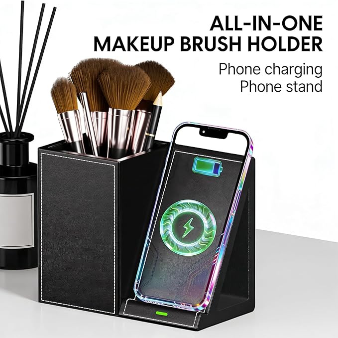 LADSTAG Makeup Brush Holder,Leather Makeup Brush Holder Organizer with phone charging stand???Makeup Organizers Countertop, Makeup organization and Skincare Storage for Vanity, Desktop, Bathroom