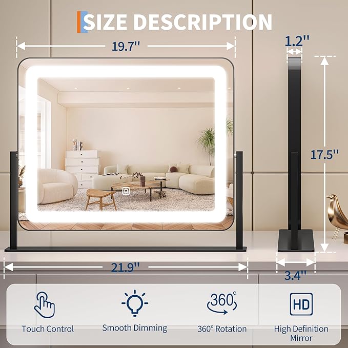 19.6 in x15.7 in Vanity Mirror with Lights, Large Lighted Mirror, LED Makeup Mirror with 3-Color Dimmable Modes and Smart Touch Control, Perfect for Desk or Bedroom, Vanity Desk Tabletop Makeup, White