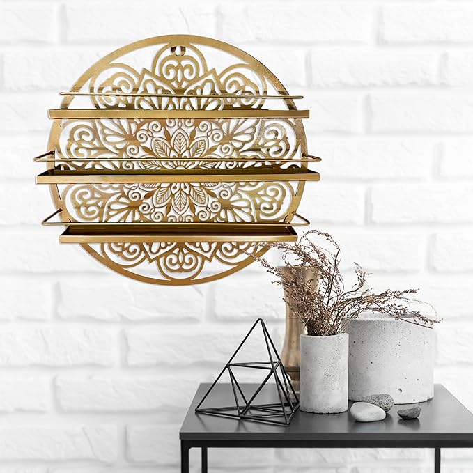 Mandala Shape Shelves, Essential Oil & Nail Polish Organizer - Display Holder Storage Shelf Spice Rack - Black or Gold - Wall Mounted Round Oil Bottle Storage, Cosmetics Display Rack (Gold)