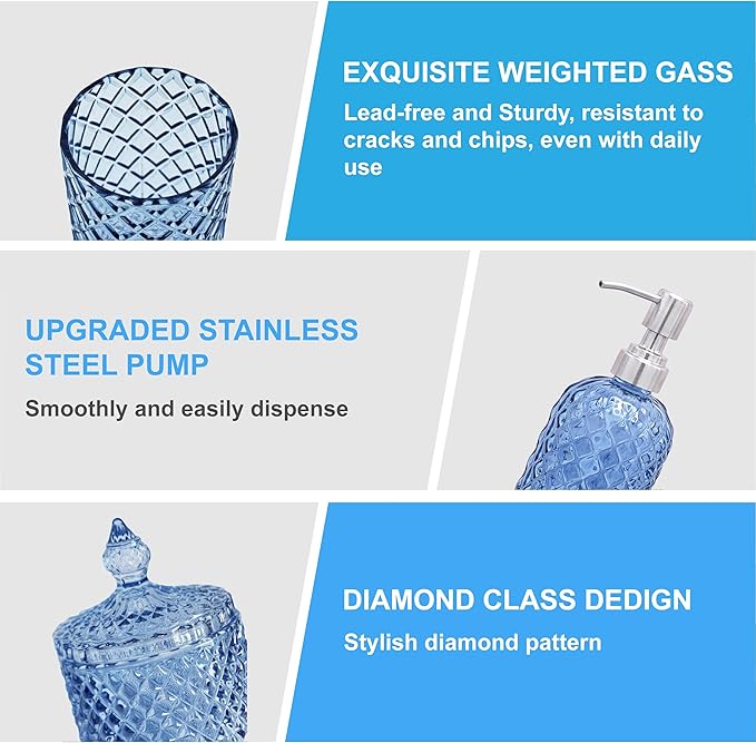 LaMarriti Blue Bathroom Accessories Set, 4Pcs Clear Glass Bathroom Accessory Set, Lotion Soap Dispenser, Toothbrush Holder Set, Soap Dish, Qtip Holder for Vintage Crystal Bath Decor, Light Blue