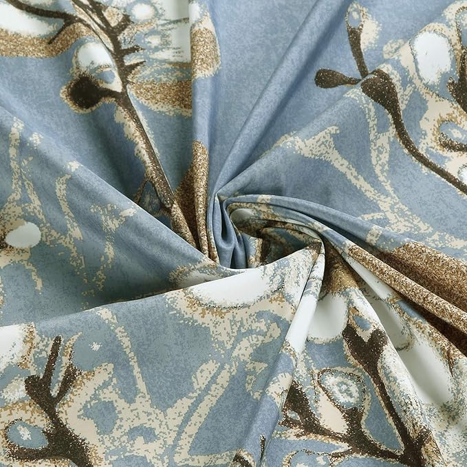 Fabric Floral Shower Curtain, Long Blue Shower Curtain, Plant Branch and Gold Flower Border Print Shower Curtains for Bathroom Decor, 72" W x 78" H
