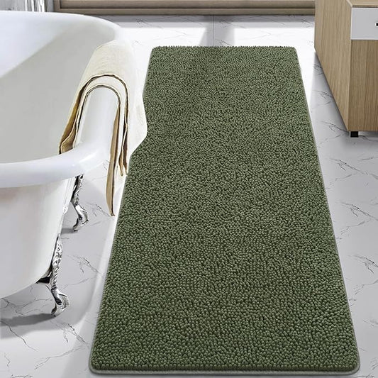 LOCHAS Luxury Bathroom Rug Shaggy Bath Mat 24 x 70 Inch, Washable Non Slip Bath Rugs for Bathroom Shower, Soft Plush Chenille Absorbent Carpets Mats, Olive Green