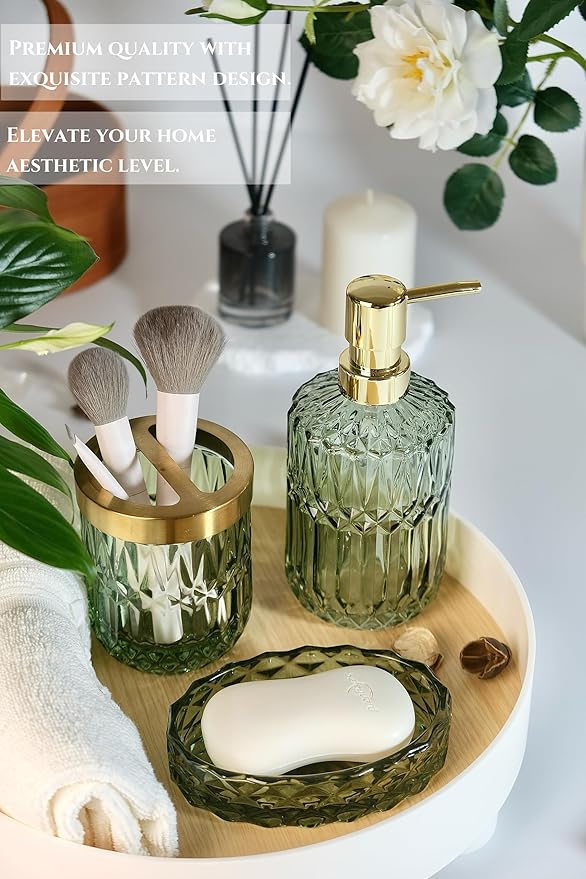 LaMarriti 4pcs Glass Bathroom Accessories Set, Clear Green Bathroom Soap Dispenser Set, Toothbrush Holder, Soap Dish, Soap Dispenser, Qtips Holder Set for Crystal Vintage Bath Decor (Green)